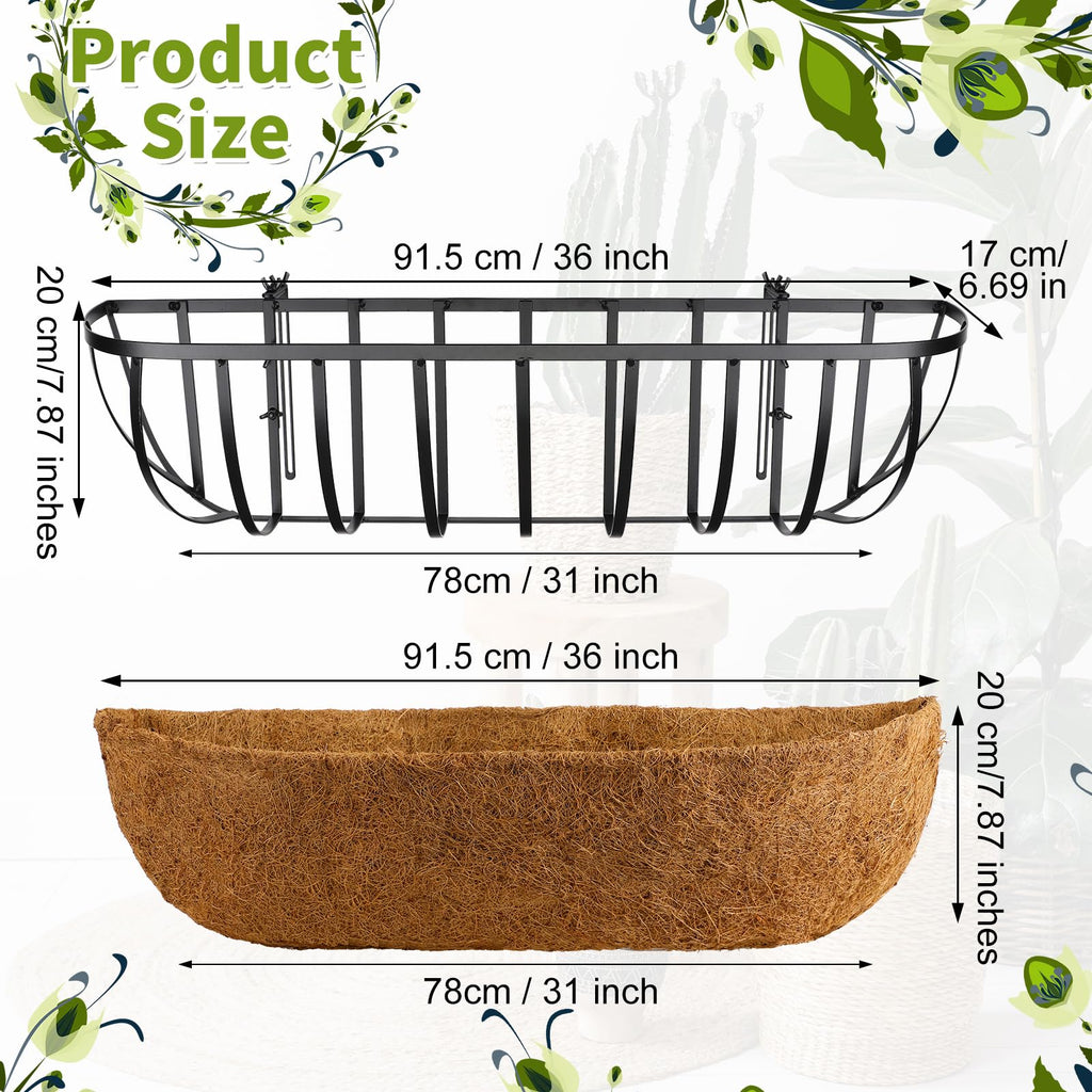 2 Pieces Railing Planter Boxes, 36 Inches Window Box Planters with Coco Liner and Adjustable Brackets for Deck Porch