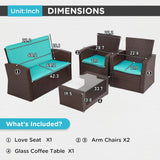 4 Piece Patio Furniture Sets, Wicker Conversation Set 4 All-Weather Outdoor Sectional Patio Sofa for Porch Deck with Blue Cushion Brown Rattan Sofa Chair A106-B0DBLPY2GF