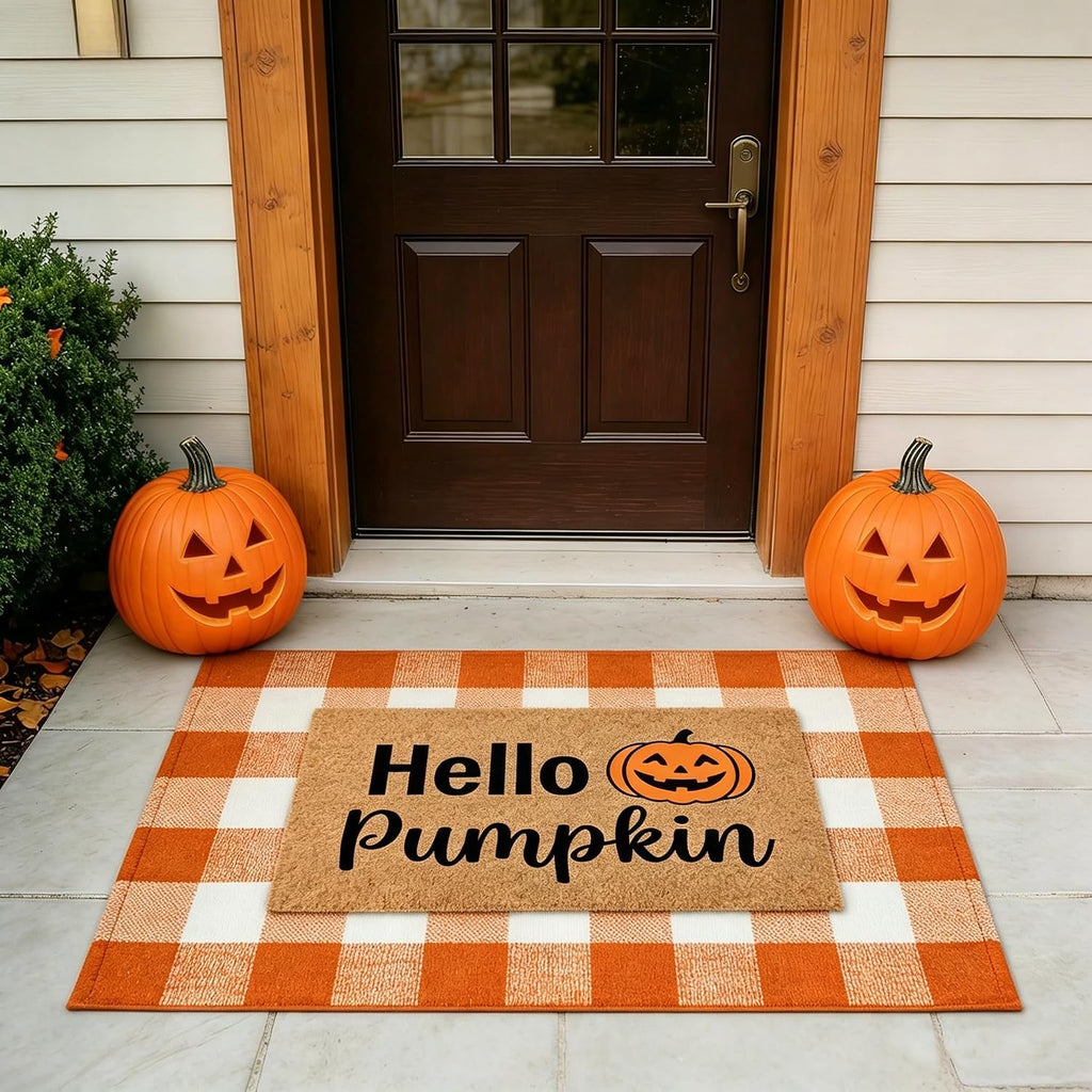 Halloween Layered Front Doormat Set, Hello Natural Coco Coir Door Mat + 28"x43" Orange White Buffalo Plaid Rug