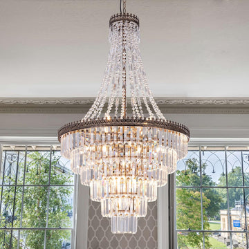 French Empire Crystal Chandelier Modern Farmhouse Chandelier Ceiling Light for Foyer Entryway High Ceiling, Vintage Antique Bronze Chandelier Light Fixture for Dining Living Room 28" W x 48" H
