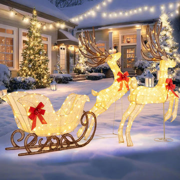 3-Piece Christmas Lighted Reindeer & Sleigh Set, Gold