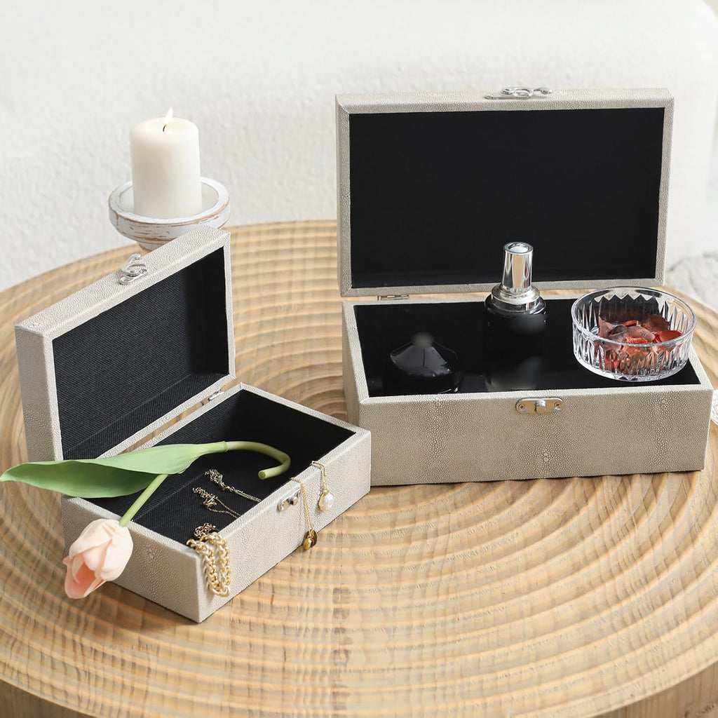 Faux Shagreen Leather Decorative Storage Boxes, Ivory - Set of 2