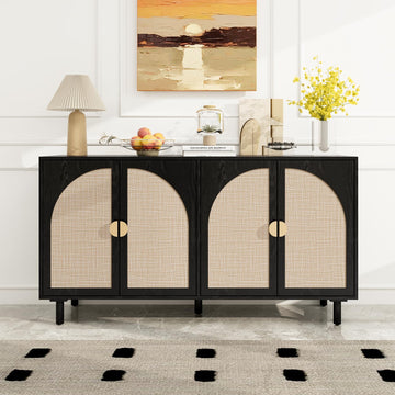 Sideboard Buffet Cabinet with Storage - Rattan 4 Door Cabinet, Accent Storage Cabinet with Cane Door, Boho Wood