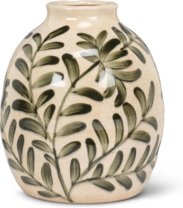 Collection Medium Frond Round Vase | Hand-Painted Botanical, Waterproof Glaze, For Fresh & Faux Florals, Stoneware
