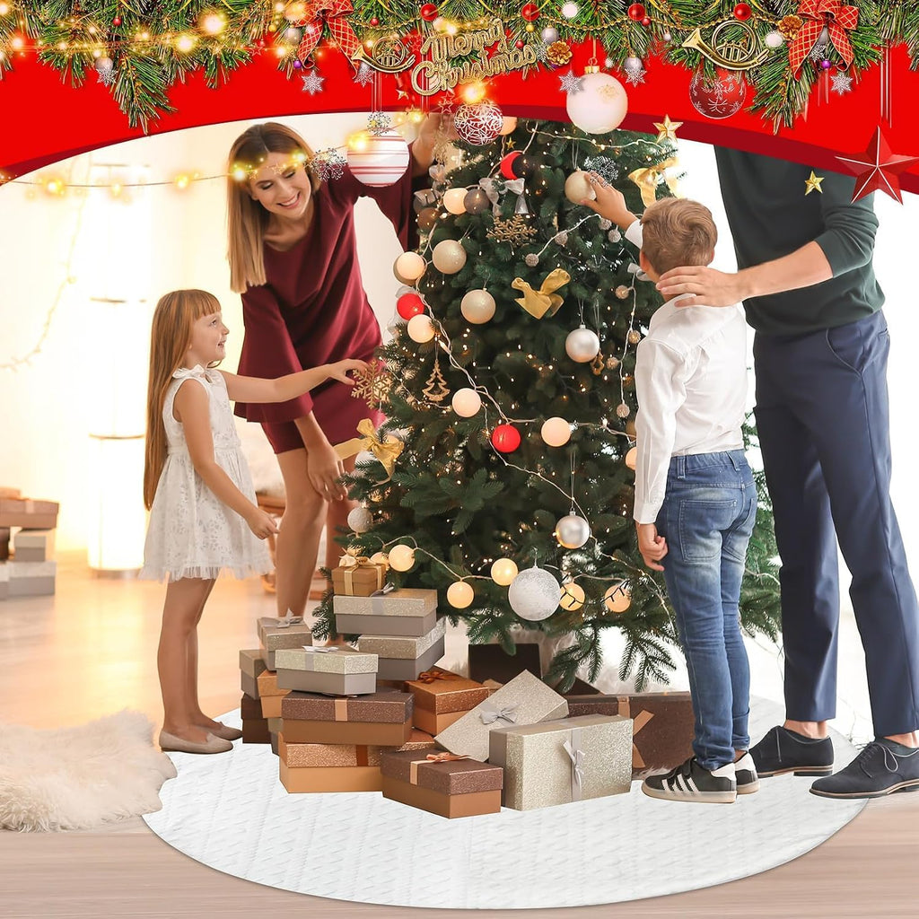 72 Inch Large Faux Fur Christmas Tree Skirt for 7.5ft to 12ft Tree Crossed Diamond Textured Pattern White Christmas