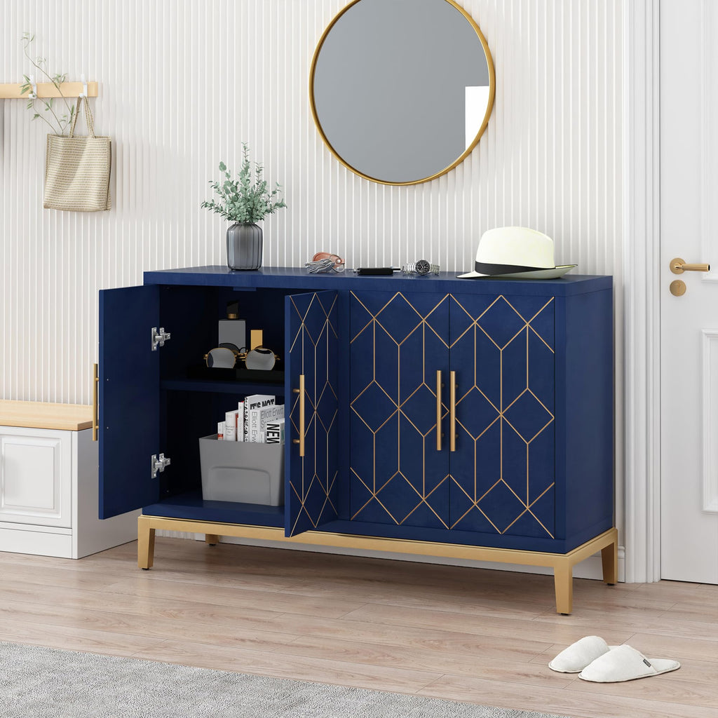 Accent Cabinet with 4 Doors, Modern Credenza Storage Cabinet, Carved Decorative Buffet Sideboard, and Hallway, Blue
