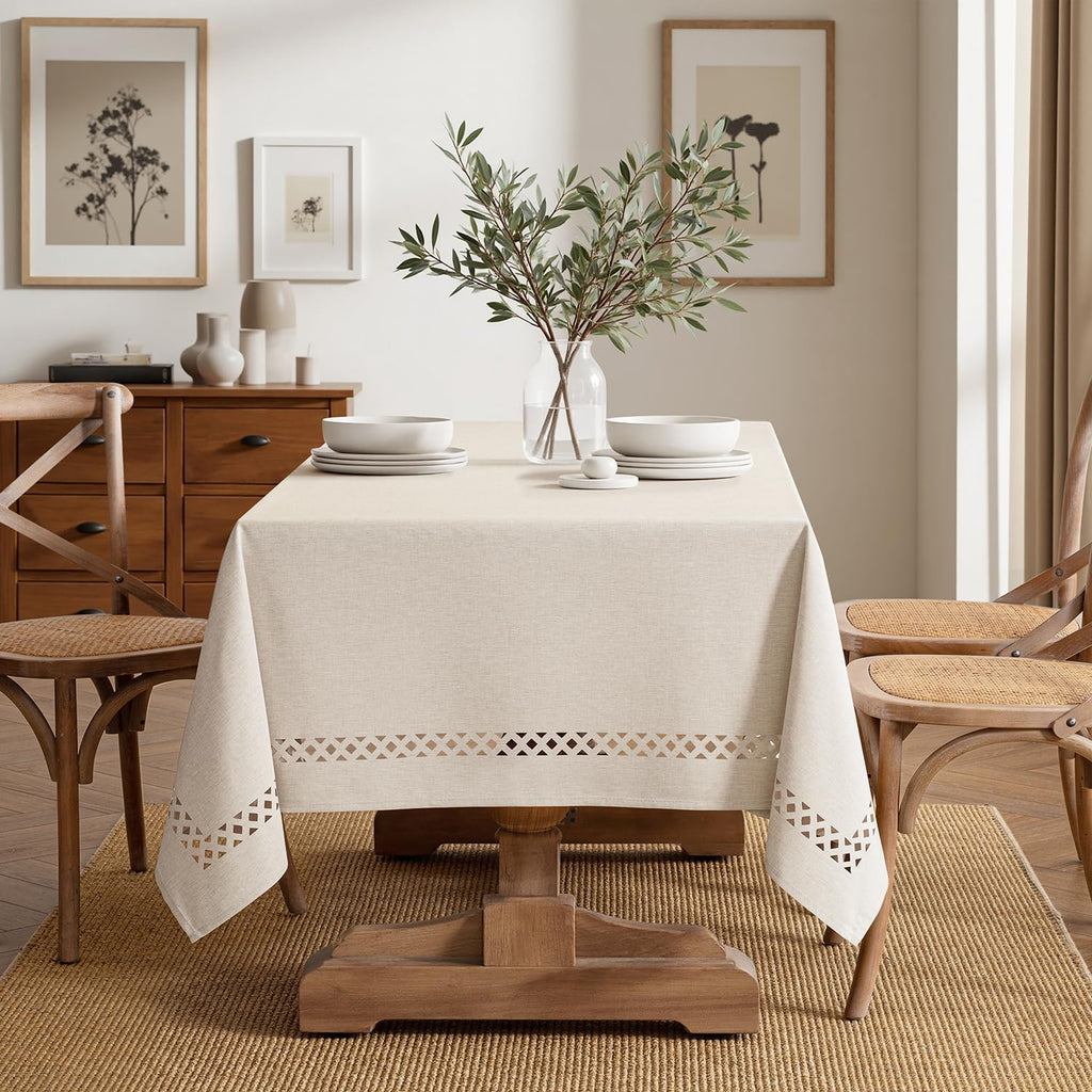 Beige Rectangle Tablecloth with Decorative Cutouts 60x84 Inch