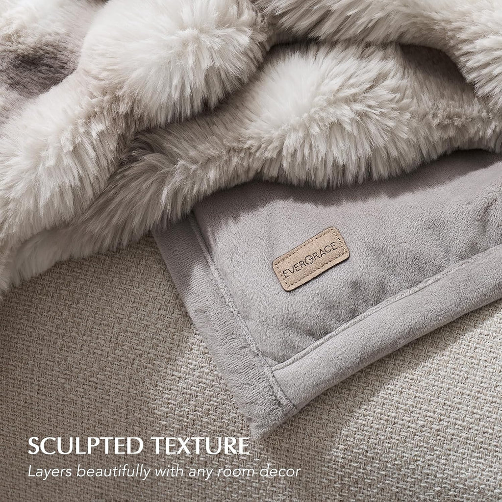 Faux Rabbit Fur Bubble Throw Blanket, 90"x90", Light Grey | Ultra Soft, Luxury Faux Rabbit Fur Throw, Thick Warm