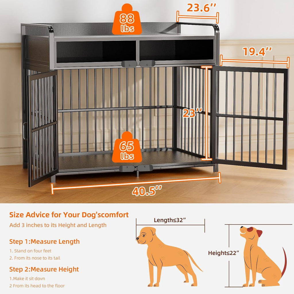 Large Dog Crate Furniture with Drawers Storage, Puppy Dog Kennel Indoor with Double Doors, Heavy Duty Wooden Dog Cage
