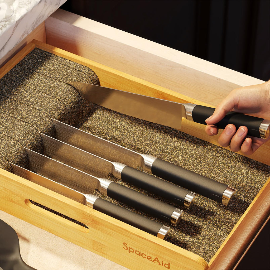 Knife Drawer Organizer 9 inches Wide Bamboo Insert Dock, Kitchen Steak Knives Holder Organizers Block for Drawer