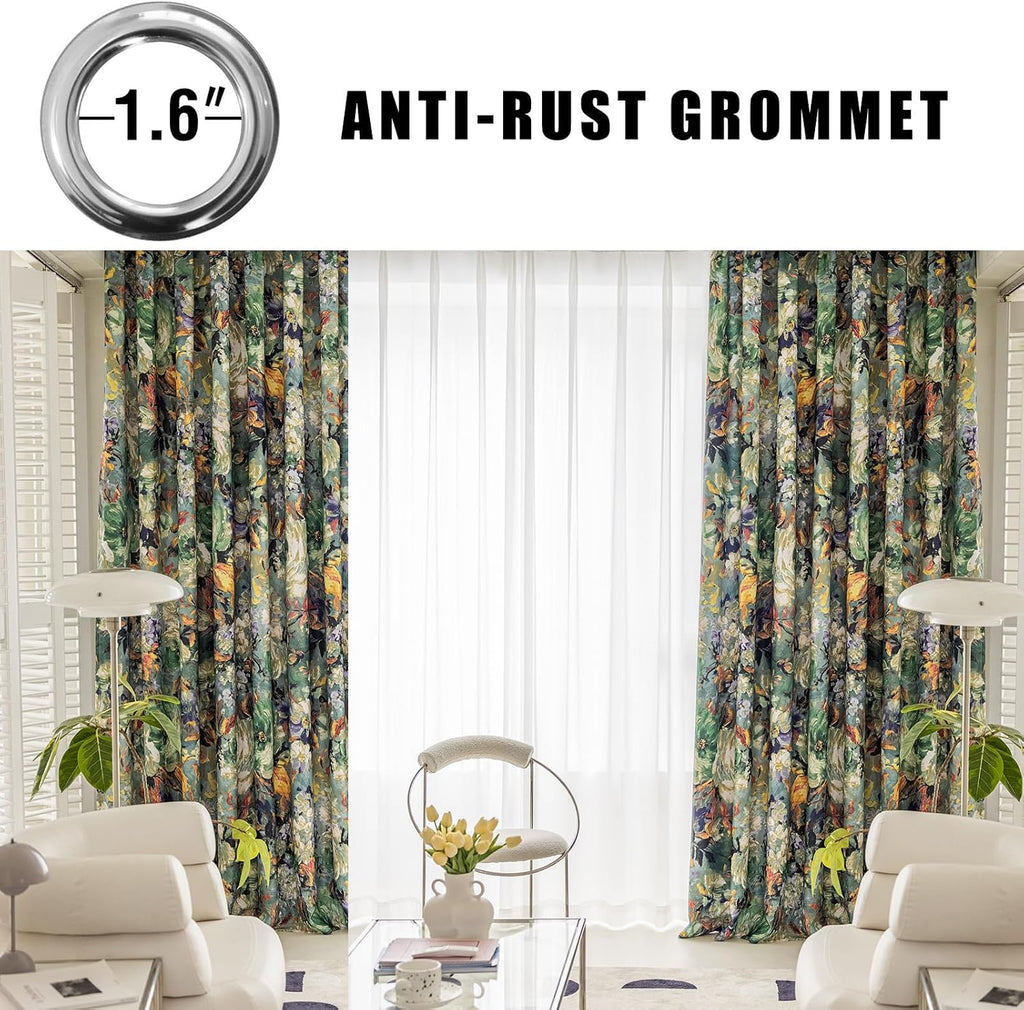 Dark Green Vintage Floral Blackout Curtains for Bedroom 96 inches Long Pattern Painting Flower Window Drapes for