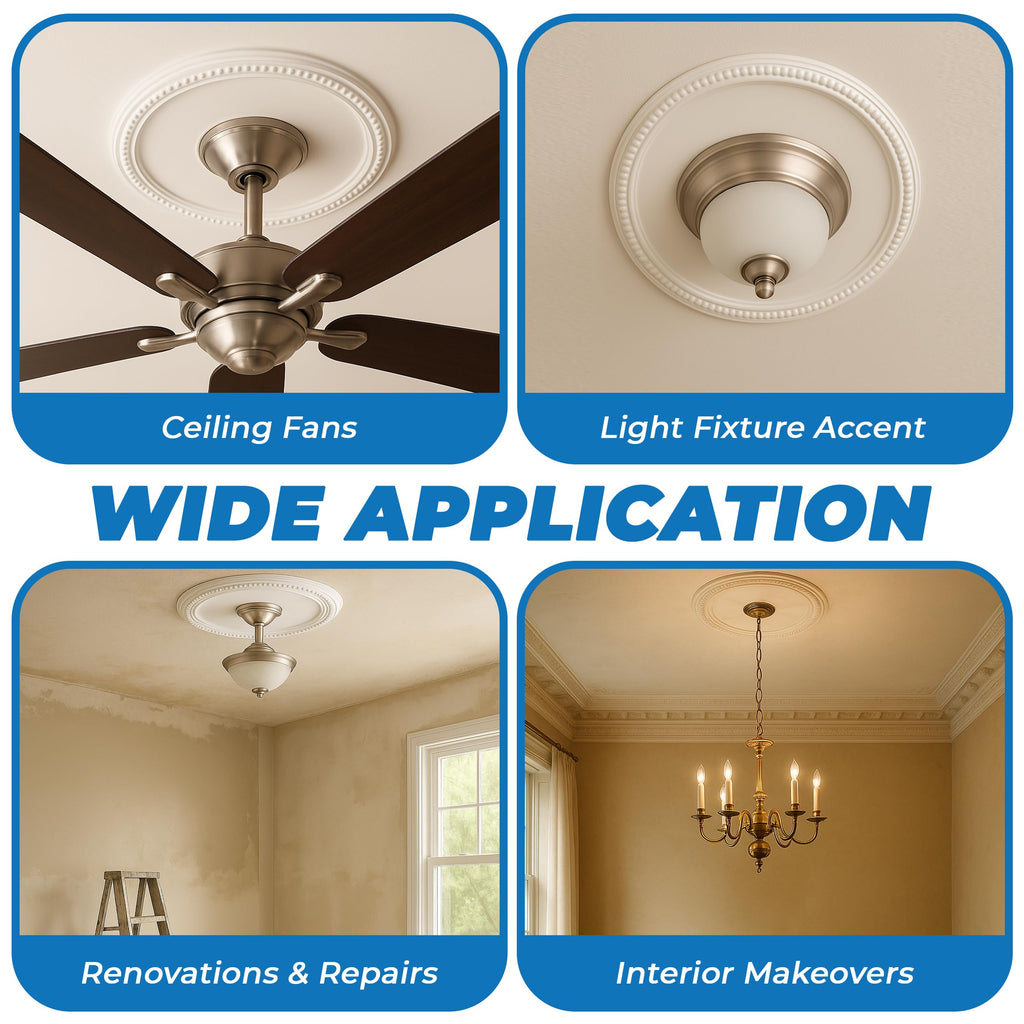 Ceiling Medallion (15.75′′ × 4′′ Center Hole) White Molded Plastic Beaded Medallion 15‐3/4′′ OD × 4′′ ID × 1′′ P.