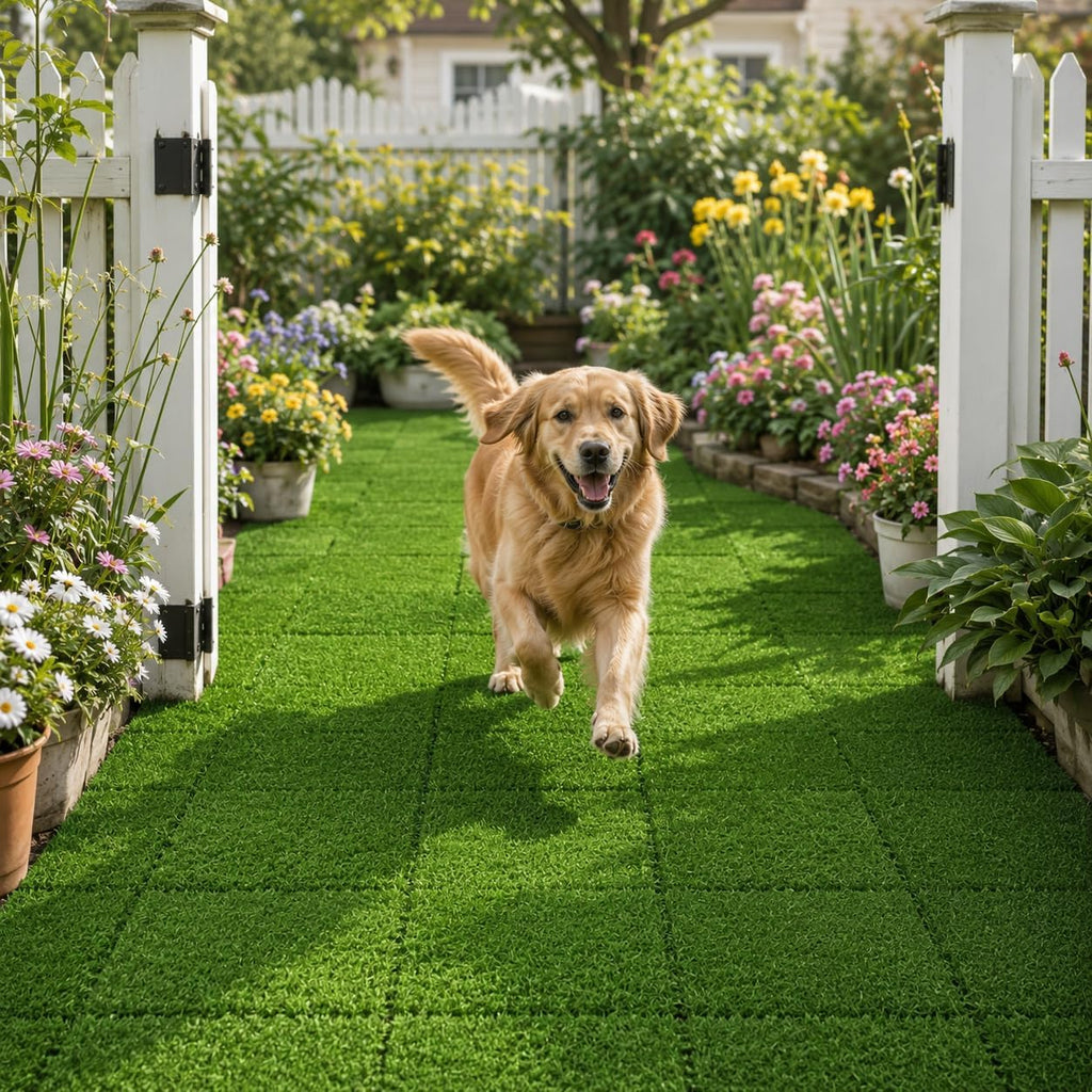 Artificial Grass Interlocking Deck Tiles 9 Pack 12"x12" Fake Turf Grass Outdoor Tiles with Drainage Holes Waterproof