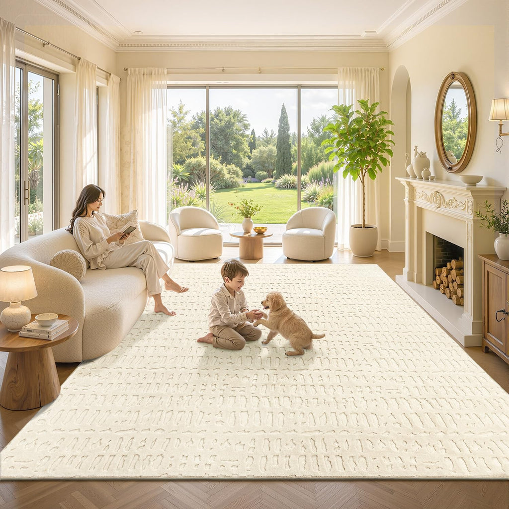 Washable Area Rugs Textured Non Slip, Beige