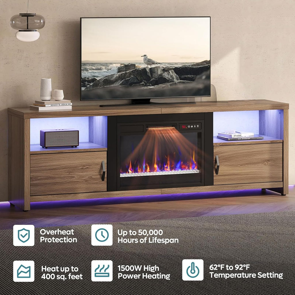70 Inch for 75" TVs, Modern Entertainment Center with LED Lights, Storage Cabinets and Adjustable Shelves, Pinewood