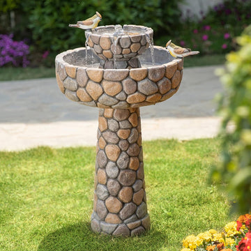 2-Tier Stone Like Outdoor Water Fountain with Birds, Bird Bath Outdoor Waterfall Fountain Decor, Freestanding Water