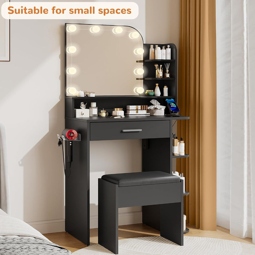 Black Vanity, Set with Big Mirror, Lights & Chair, for Girls | Small footprint, huge storage, 14.2×26.5×54.4"