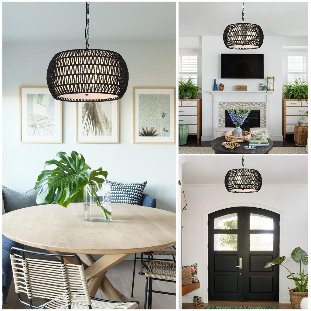 Farmhouse Chandeliers, 5-Lights Rattan Boho Chandelier Light Fixture, Black Woven Dining Room Light Fixture with