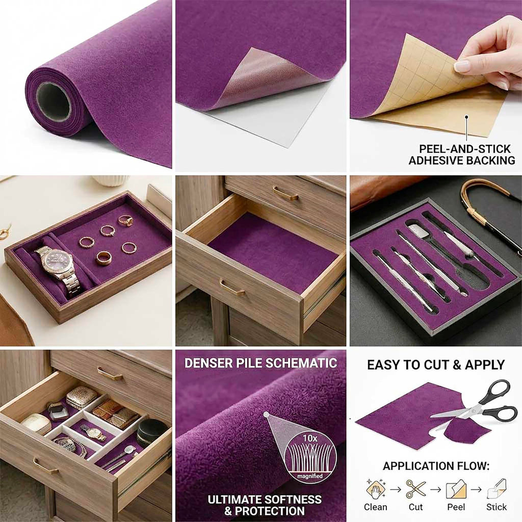 Dark Purple Large Size Self Adhesive Soft Velvet Drawer Liner DIY Fabric Felt Liner for Drawers Jewelry Box Felt