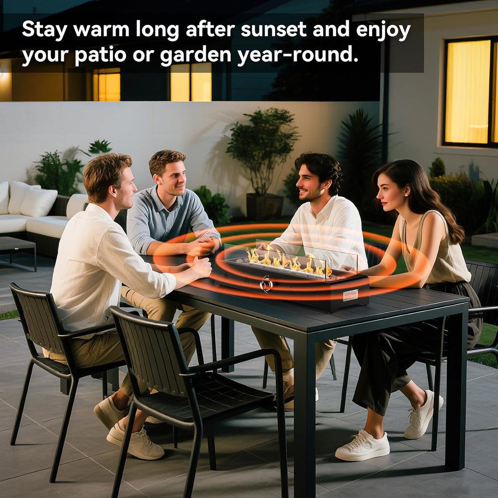 28'' Tabletop Fire Pit Table, Propane Gas Firepit Bottom Mounted for Table with Umbrella Hole, Glass Wind Guard and