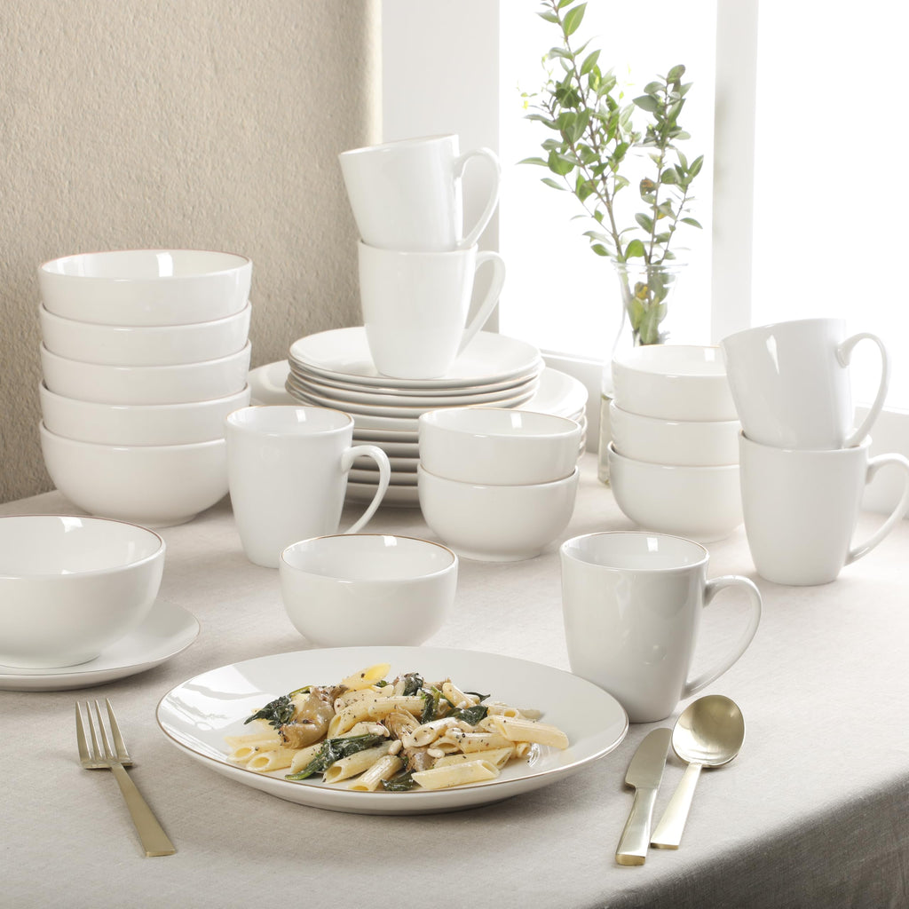 Ogalla 30 Piece Plates, Bowls, & Mugs Dinnerware Set - Service for 6 - White Porcelain W/Gold Band
