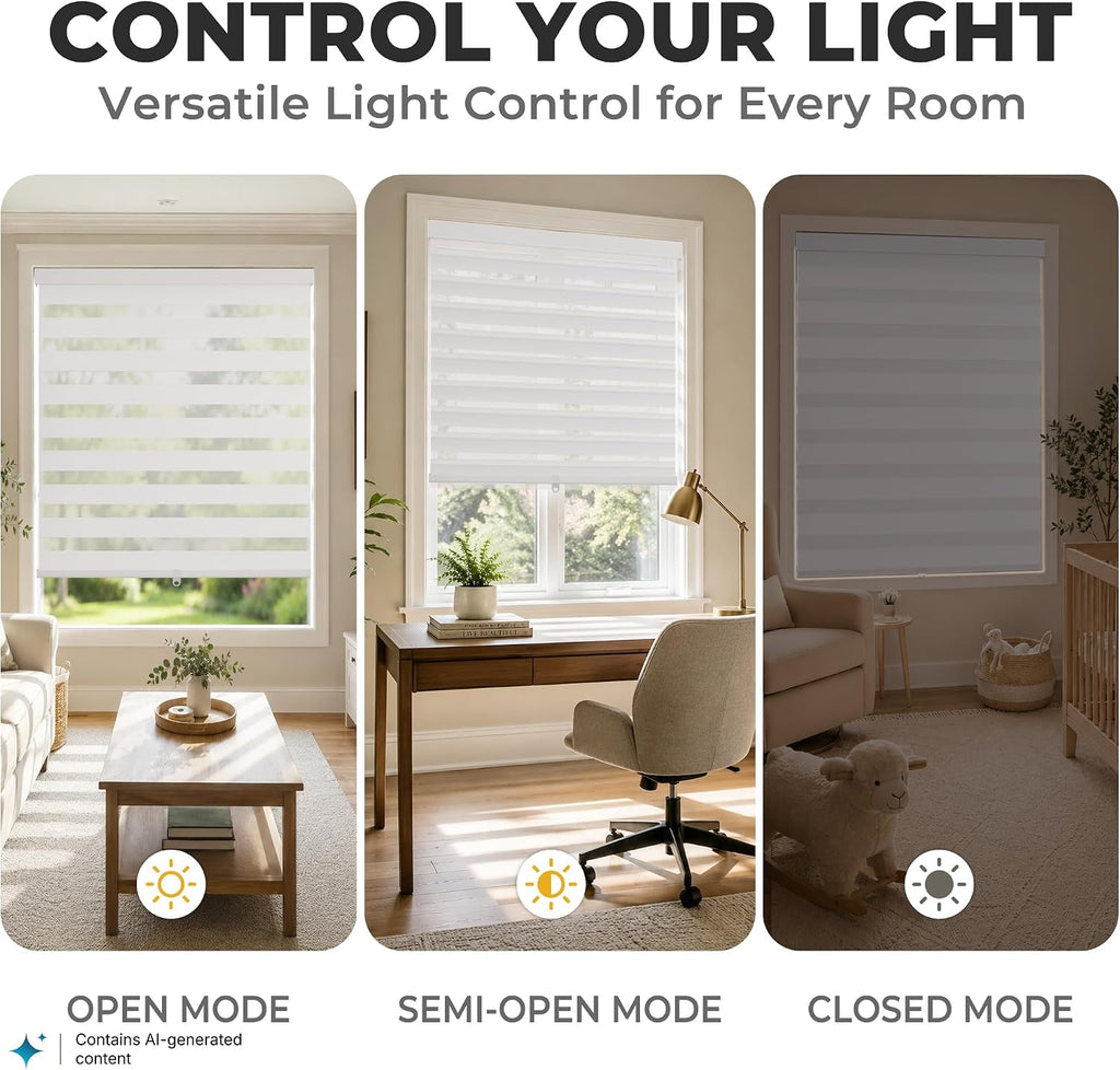 Cordless Zebra Blinds for Windows, Home Office, White, 36" W x 64" H | Dual-Layer Light Control Window Blinds For Day
