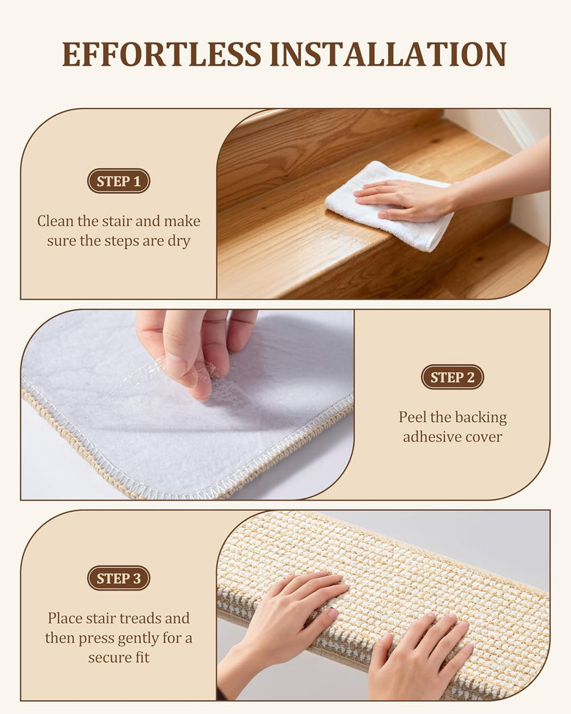Bullnose Stair Treads for Wooden Steps: 14 Pcs Washable Non Slip Stair Ruuner Peel and Stick Adhesive Indoor Step