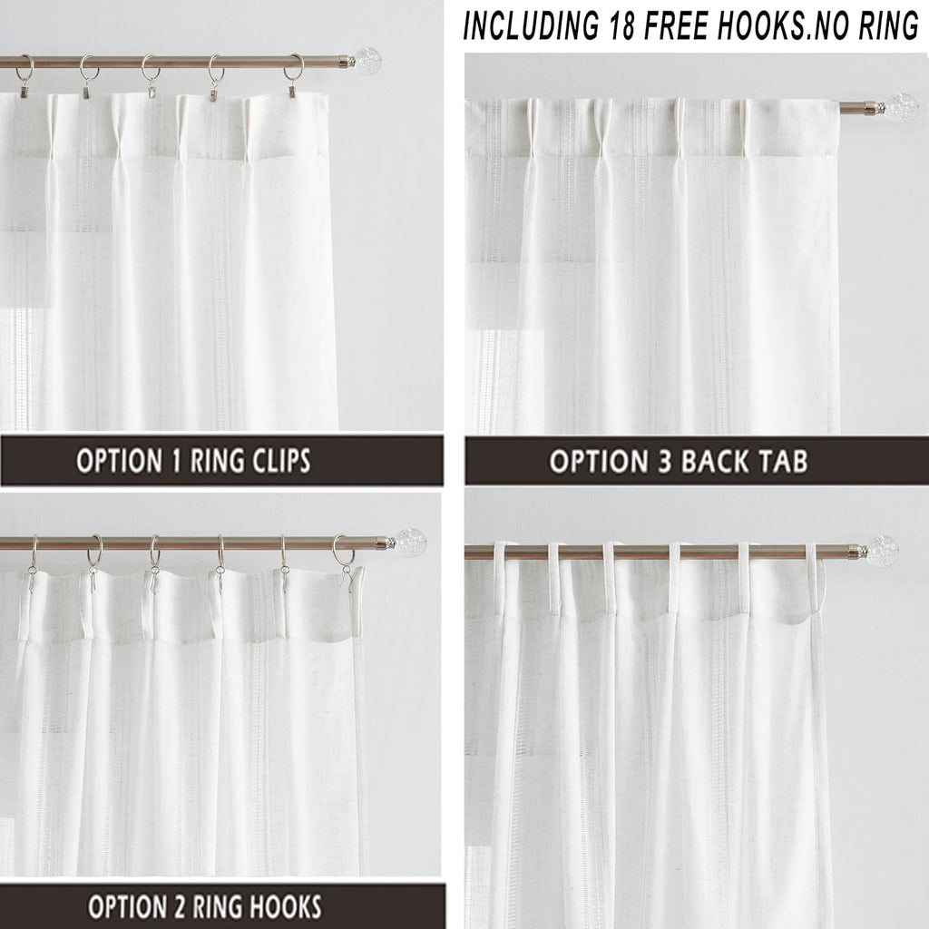 White Bohemian Pinch Pleated Semi Sheer Curtains (Set of 2 Panels) 63 Inch Long