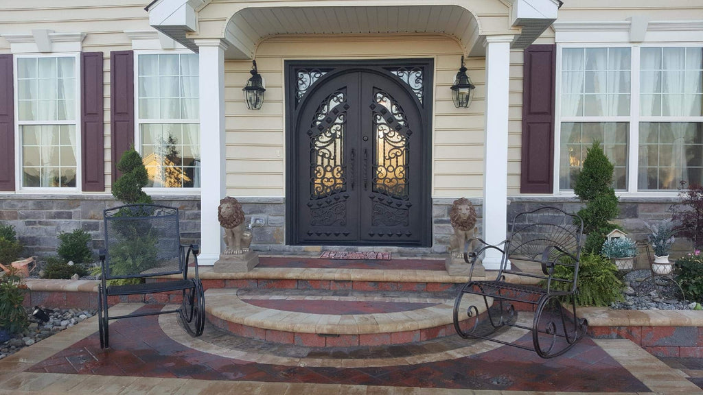 Canton Exterior Double Front Entry Door Wrought Iron with Operable Tempered Rain Glass Inside Swing Dark Bronze