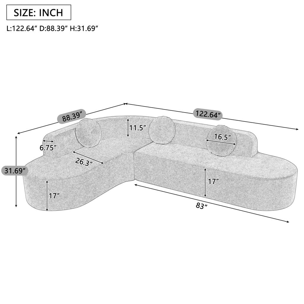 122'' Sectional, Extra Large with Soft Fabric Upholstery, Elegant Curved Design with Three Round Cushions