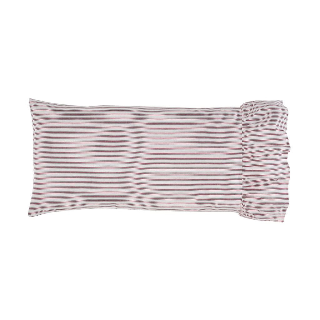 Timeless Ticking Red Ruffled Pillow Shams, Set of 2 Covers, Vintage Farmhouse, Country Cottage Bedding, 37"