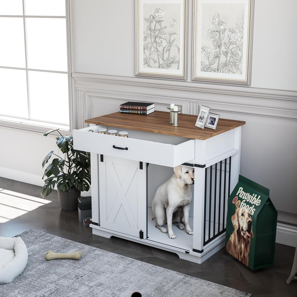 37.8'' Dog Crate Furniture with Storage Drawer, Decorative Wooden Dog Kennel with Sliding Barn Door, Indoor Water