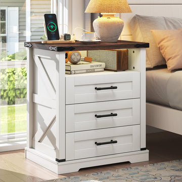 Farmhouse Nightstand with Charging Station and 3 Drawers, White