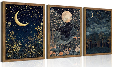 Framed Vintage Botanical Wall Art Set of 3, Nature Moon Night Sky Floral Canvas Prints, Forest Scenery Picture