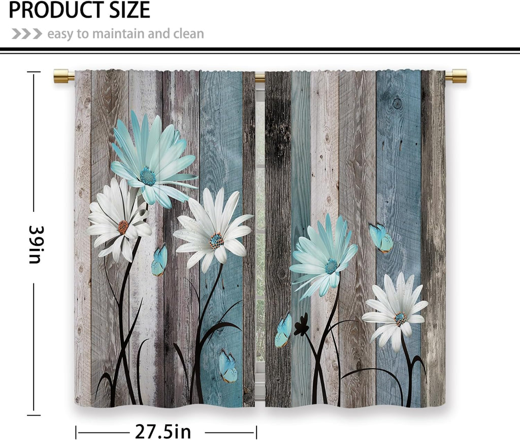 Teal Farmhouse Daisy Kitchen Curtains Wooden Flower Small Short Cafe Window Curtains Rustic Floral Butterfly Country
