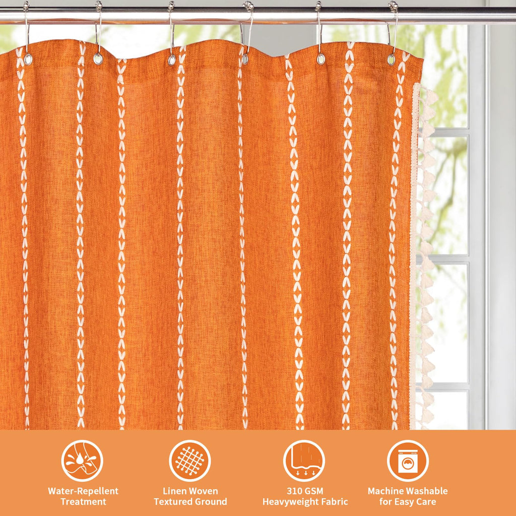 Farmhouse Tassel Linen, 3D Embroidery Stripe Orange, 36x72