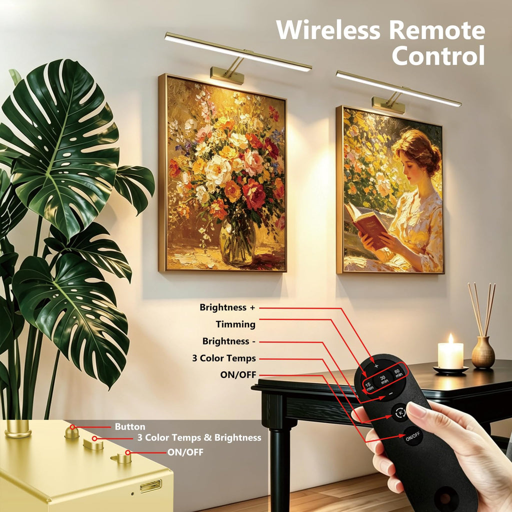 24" Wireless Picture Light, Dimmable Rechargeable Wall Light for Artwork