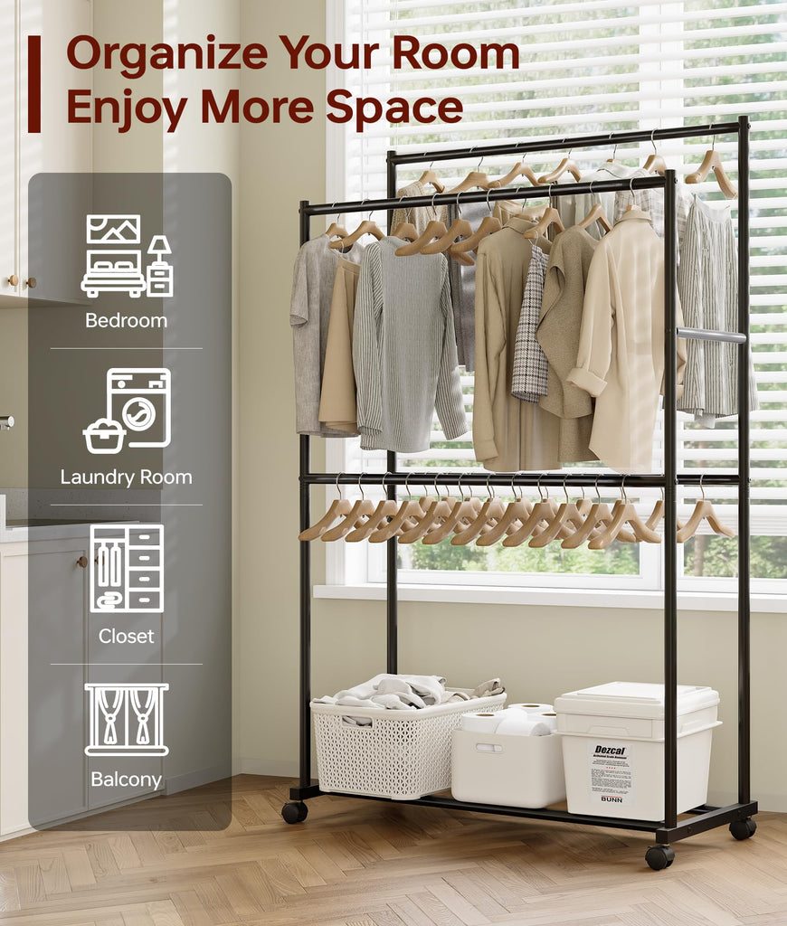 Clothes Rack - 36.2" x 21.3" x 72", 4-Bar Double Rod Rolling Clothing Rack for Hanging Clothes, Portable Garment Rack