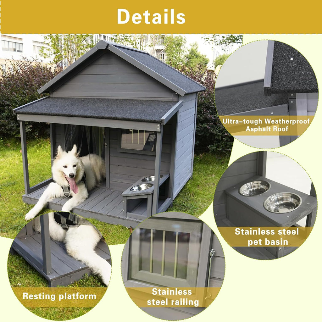Wooden Outdoor Large Dog House with Balcony and Asphalt roof - Outdoor Insulated with Windproof Curtain, Food Bowl