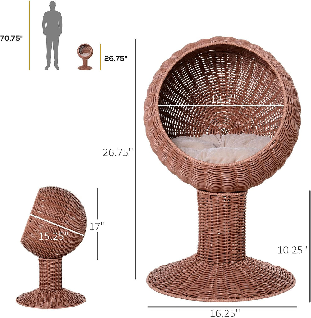 Elevated Cat Bed with Rotatable Egg Chair Pod, Cat Basket Bed with Thick Cushion, Natural Mat Grass Woven Kitty