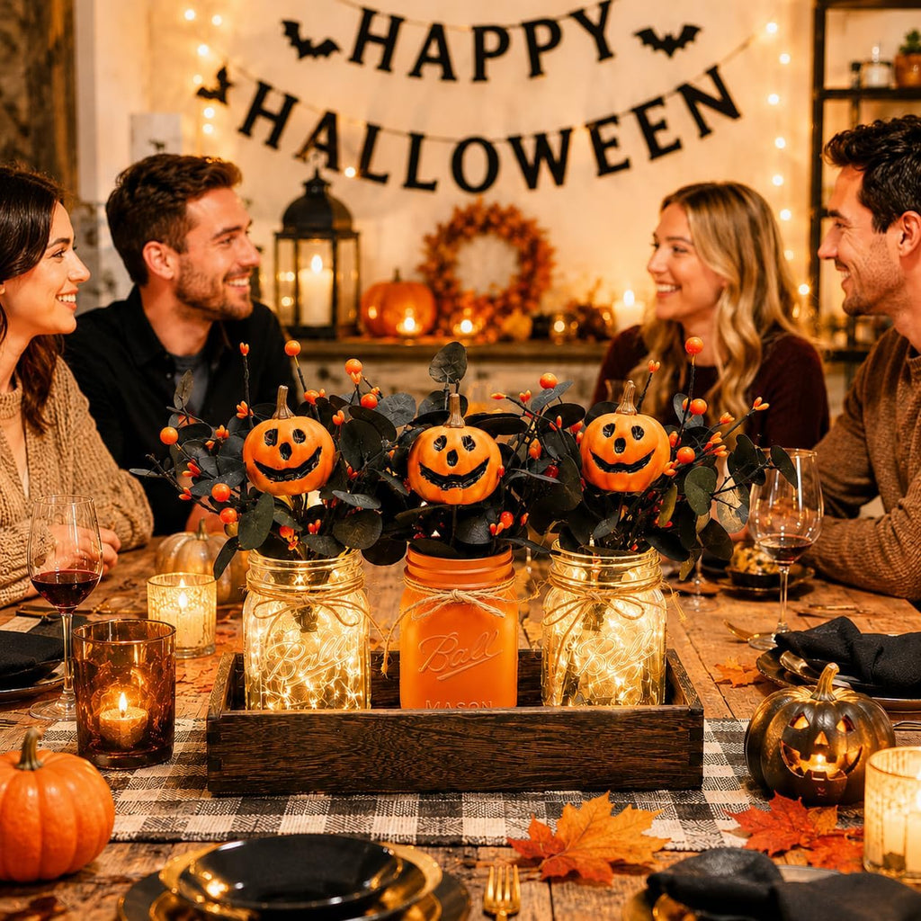 Lighted Halloween Table Centerpiece, Pumpkin Mason Jar Decorations - Set of 9