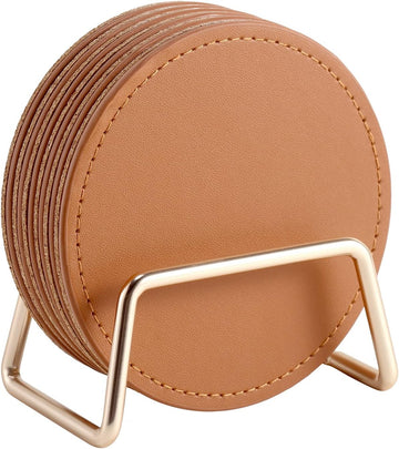 Drink Coasters with Metal Holder Stand, PU Leather Absorbent Coasters with Cork Base Table Coaster Set - Set of 6