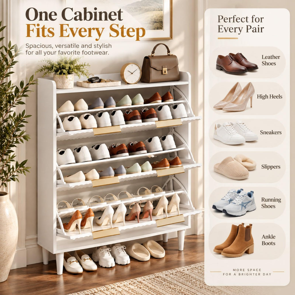 White Fluted Shoe Storage Cabinet with 3 Flip Drawers, Narrow Shoe Organizer with Fluted Panel, Modern Freestanding