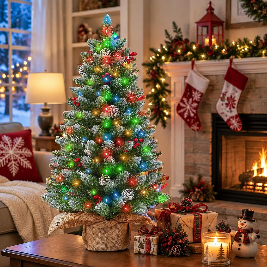 Timer - 3FT Artificial Mini Christmas Tree, Snowy Tabletop Christmas Tree