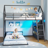 Low Bunk Bed Twin Over Twin with Toy Storage Organizer-6 Removable Bins, Floor Bunk Beds with LED Lights