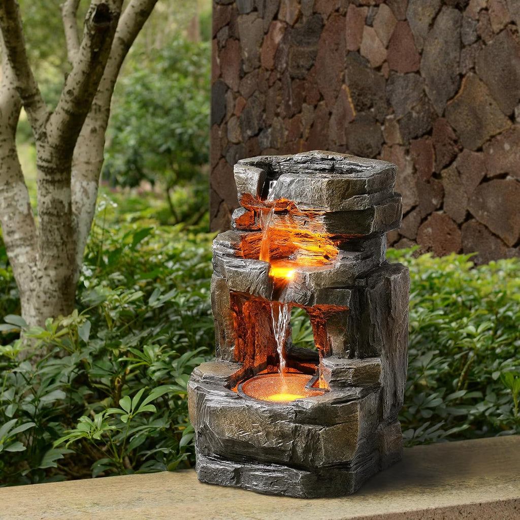 Outdoor Waterfall Fountain with LED Lights - 3-Tier Resin Rock Water Feature Patio Backyard, 21.5" Tall Fountain