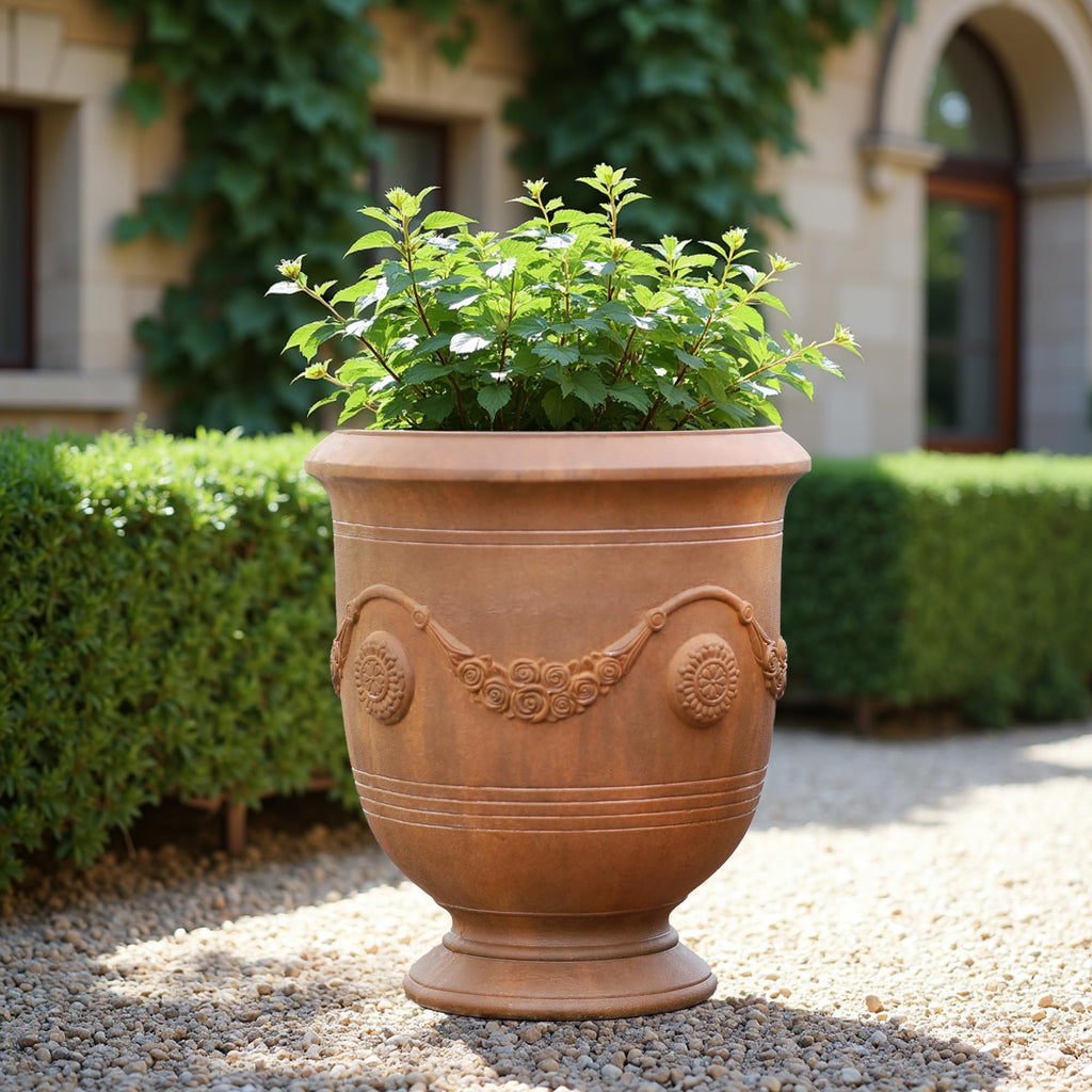 Large Urn Planter - 14" Dia x 16.5" H Lightweight Magnesium Oxide Plant Pot with Cement Texture - Rust-Like Finish