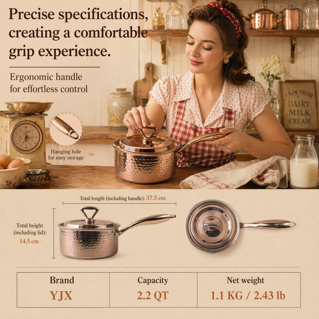 2.2QT Copper Saucepan with Lid, Hammered Stainless Steel Cookware Pot