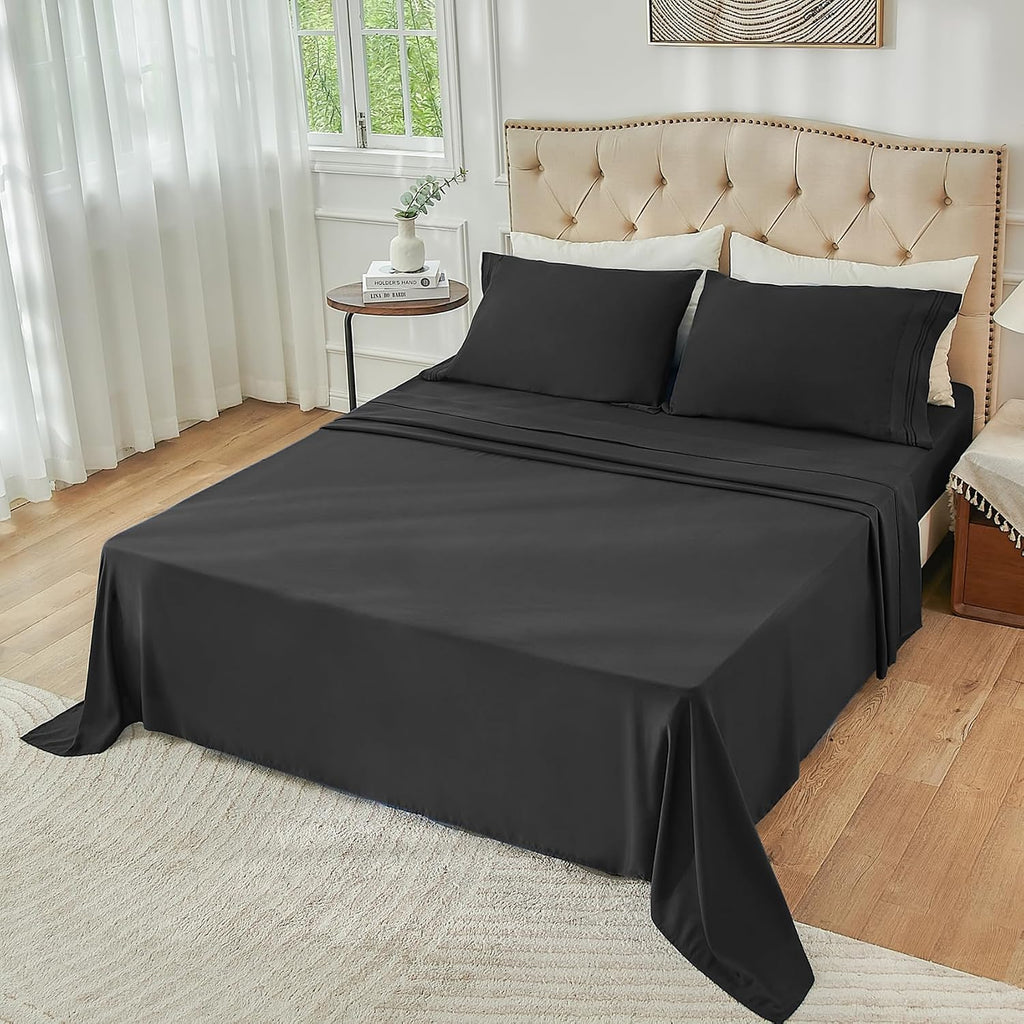 King Sheets Set Cooling Deep Pocket Bed Sheet Sets, Black Soft Microfiber Oeko-Tex Hypoallergenic Sheets &
