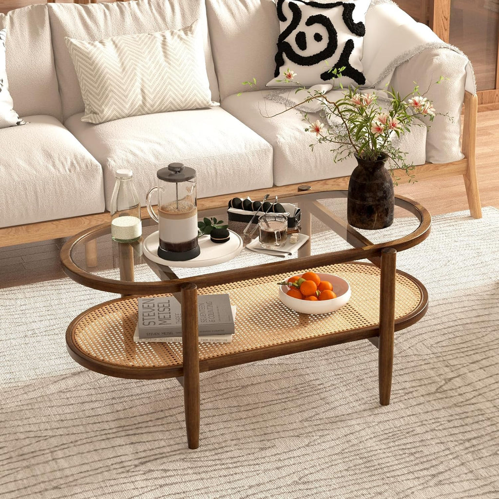 Rattan Coffee Table, 2 Tier Boho Oval Living Room Table w/Glass Tabletop Wood Frame & Storage Shelf, 40''L Mid